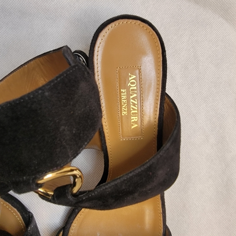 AQUAZZURA CAMEL SUEDE SAFARI LEATHER GOLD RING MID HEEL ANKLE STRAP  SANDALS - Picture 10 of 16